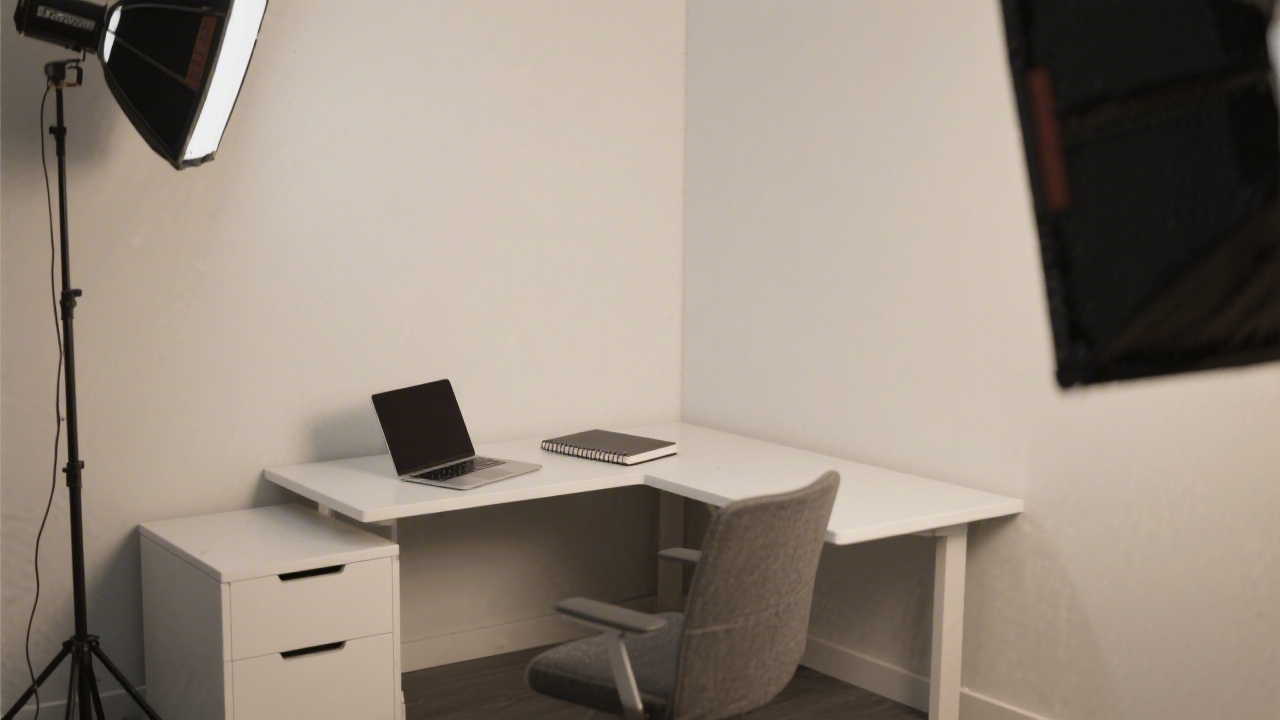 Small modern office corner with desk, laptop, notebook, and a neutral background, conveying a professional but approachable studio environment.