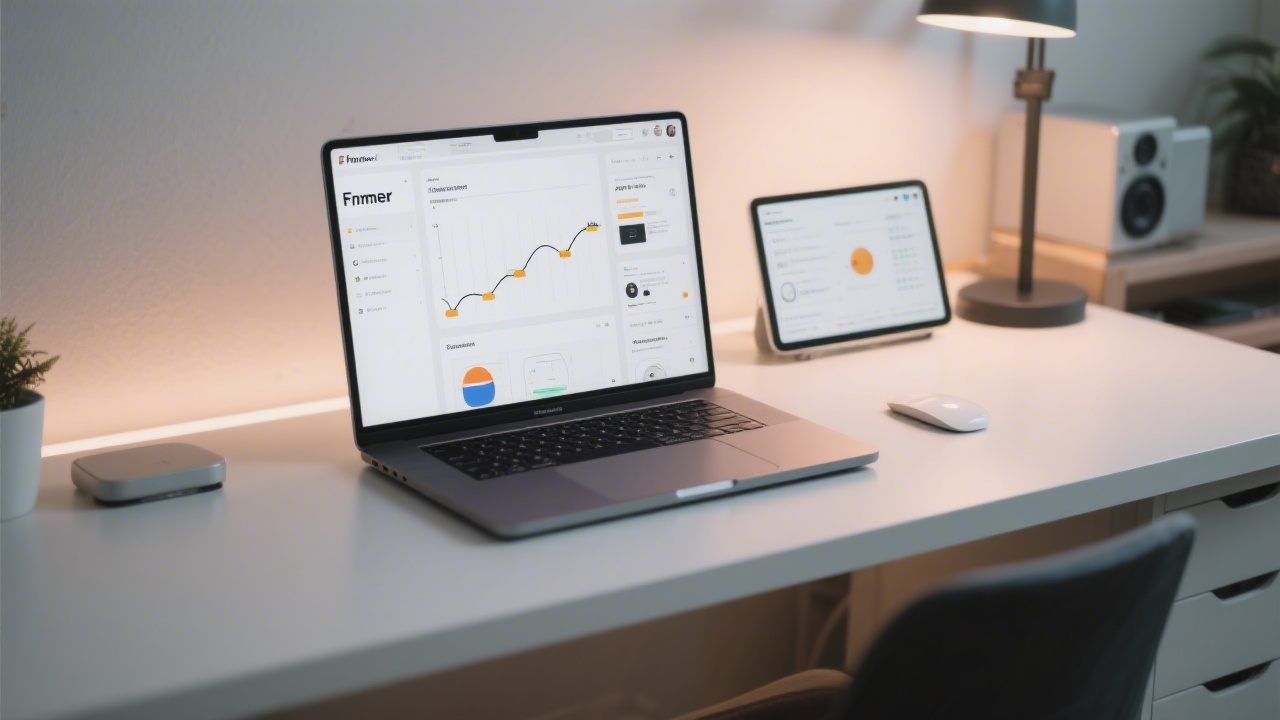 Modern workspace with laptop showing Framer interface, timeline animations, and interactive prototype screens, clean desk, soft lighting, and minimal tech accessories.
