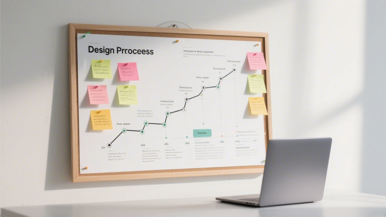 Design process board with sticky notes, product journey map, and milestone timeline, photographed in a minimalist studio with soft natural light and laptop.