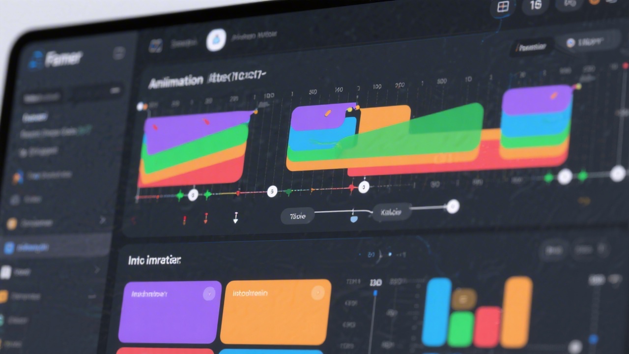 Close-up of a screen showing animation timelines and interaction triggers in Framer, with color-coded layers and sleek interface elements.