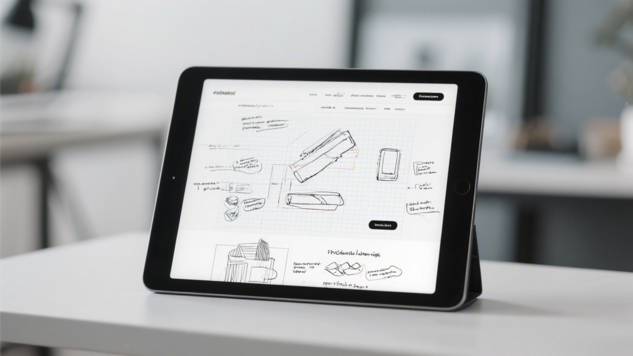 Wireframe layout of a product landing page on a tablet with sketches, grid lines, and interaction notes, photographed in a tidy design studio.